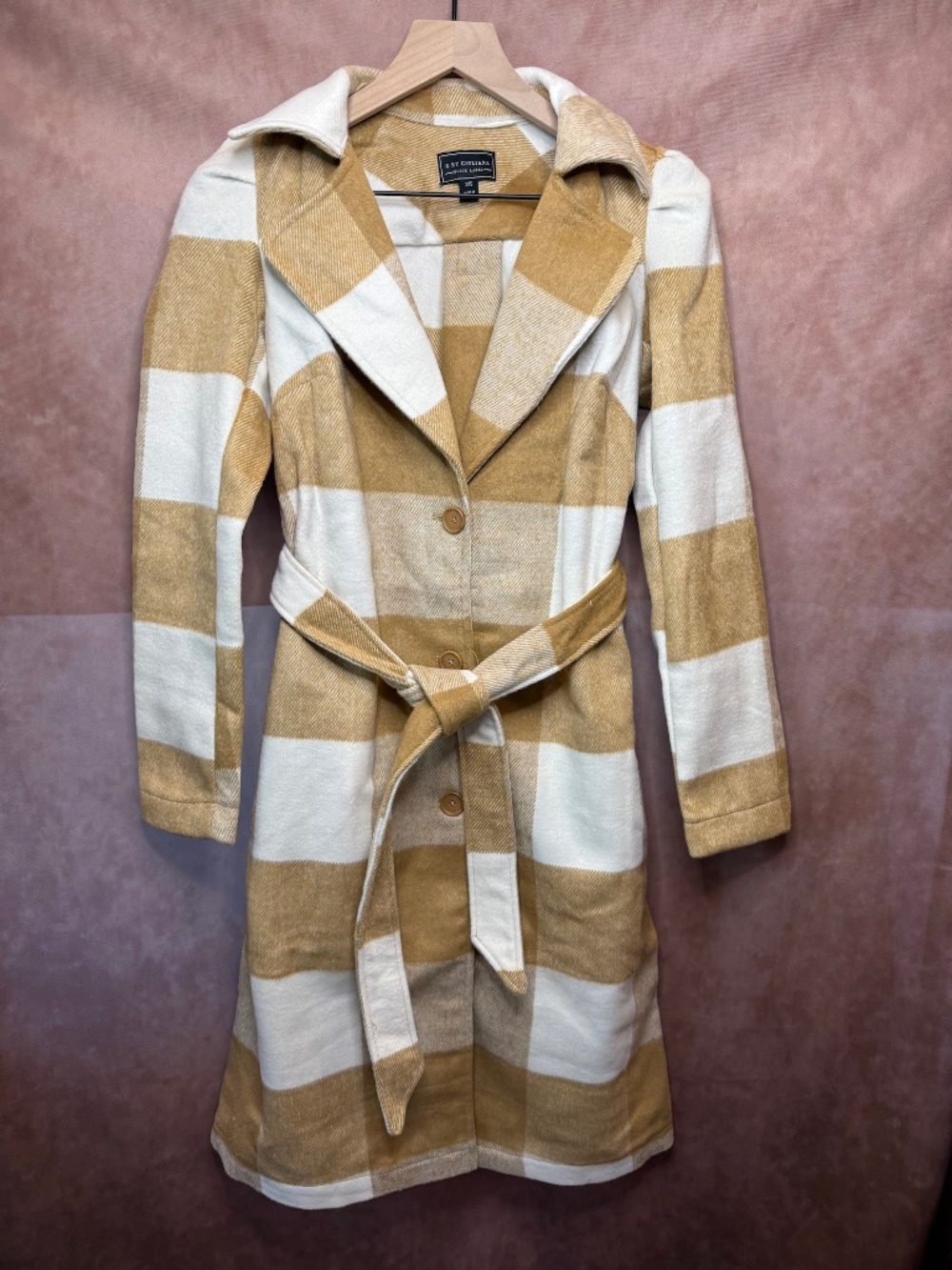 G by Giuliana Black Label Beige Plaid Wool Blend Trench Coat Belted Jacket XXS